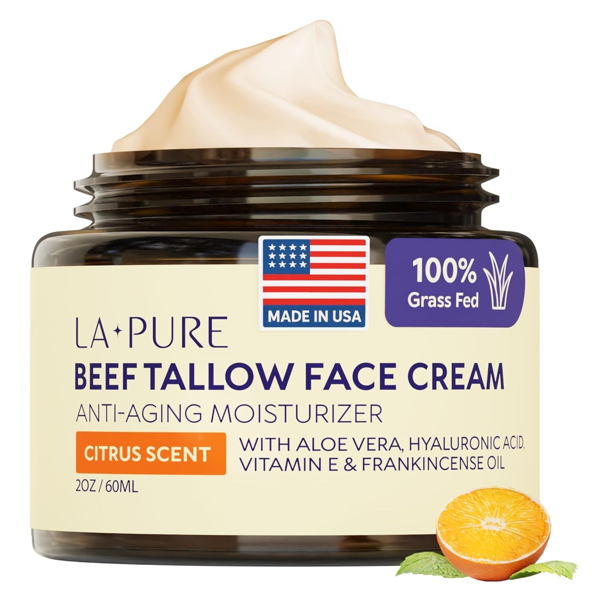 LA PURE Beef Tallow for Skin, Grass-Fed Tallow Face Cream 2 oz