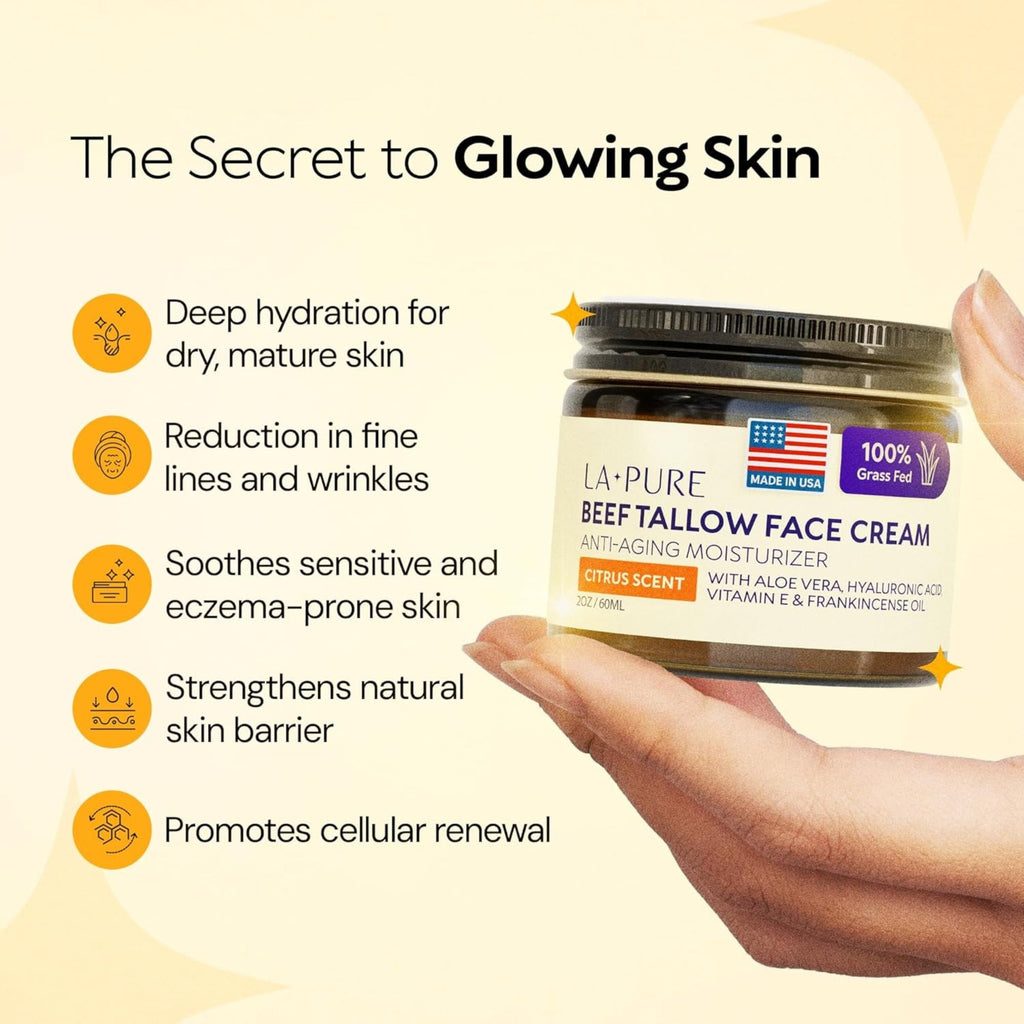 LA PURE Beef Tallow for Skin, Grass-Fed Tallow Face Cream 2 oz