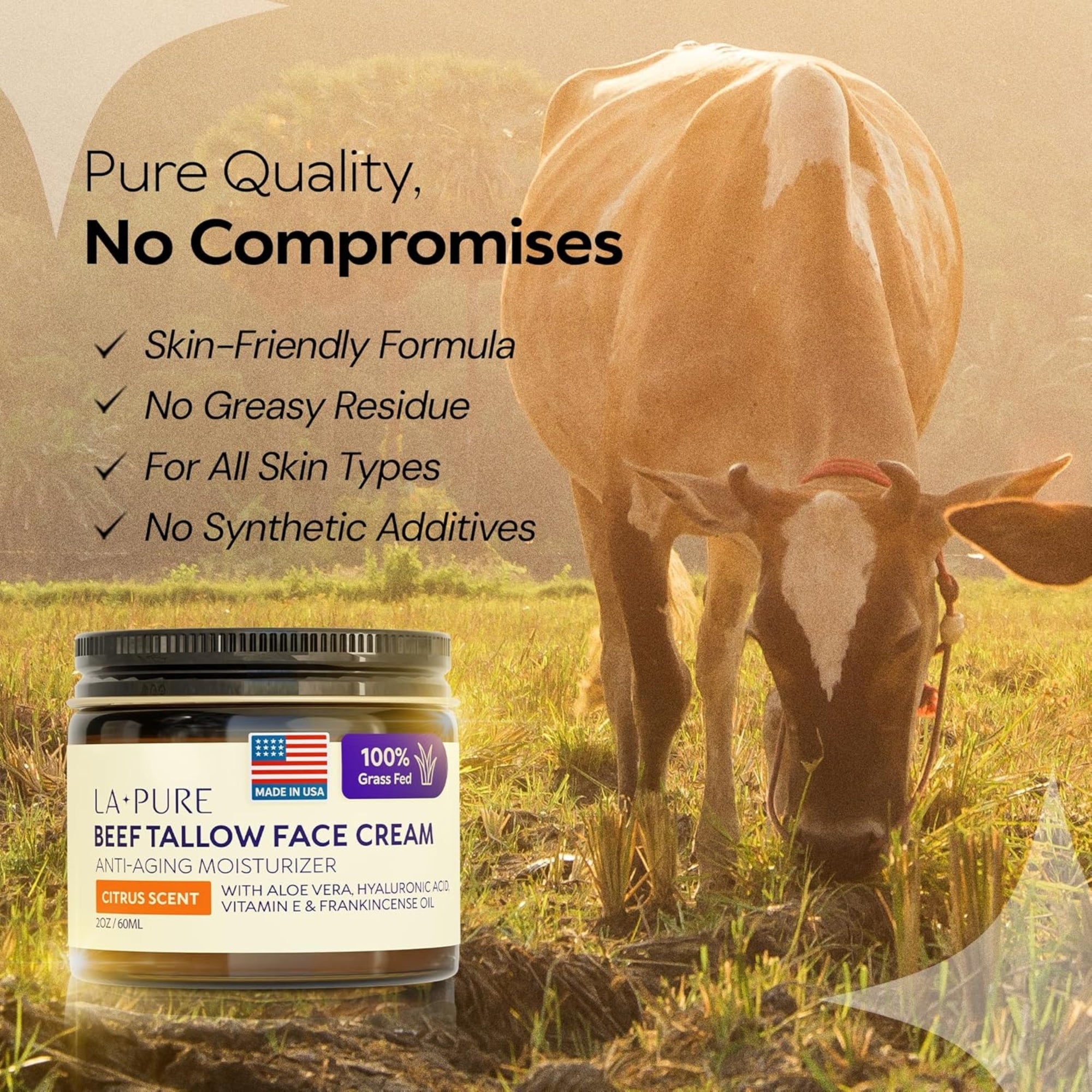 LA PURE Beef Tallow for Skin, Grass-Fed Tallow Face Cream 2 oz