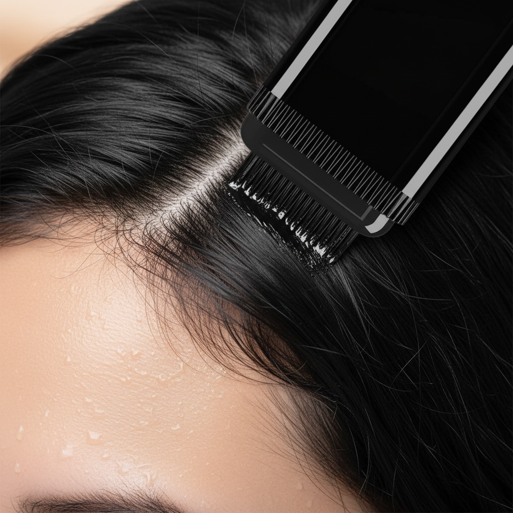 Close up of comb tip applicator on dark hair